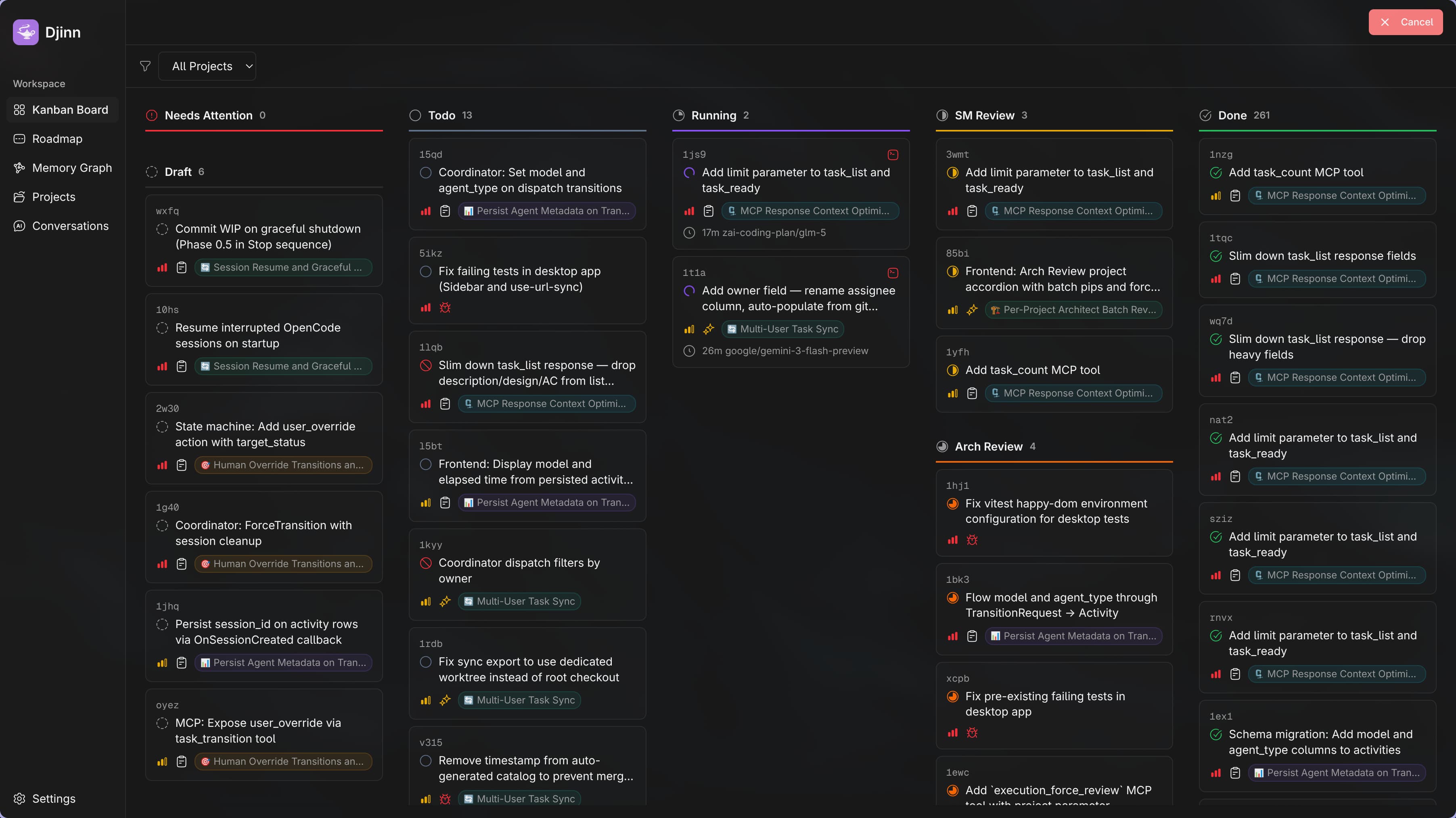 Djinn Desktop — Kanban board with parallel AI agents across multiple projects